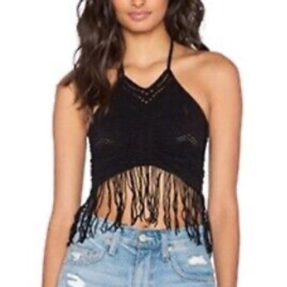 Intimately by Free People Black Lace Fringe Halter Stretchy